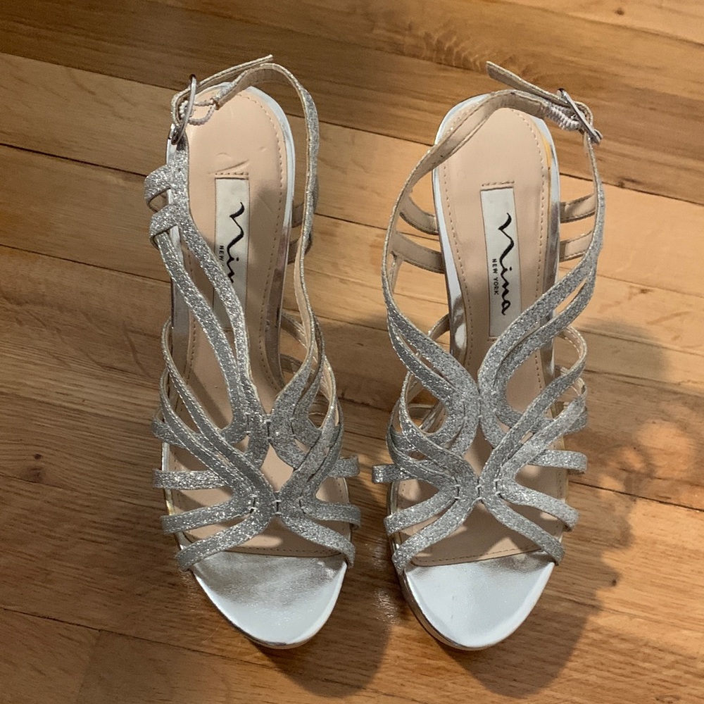 Nina Women's Glittering Silver Platform Stiletto Heels